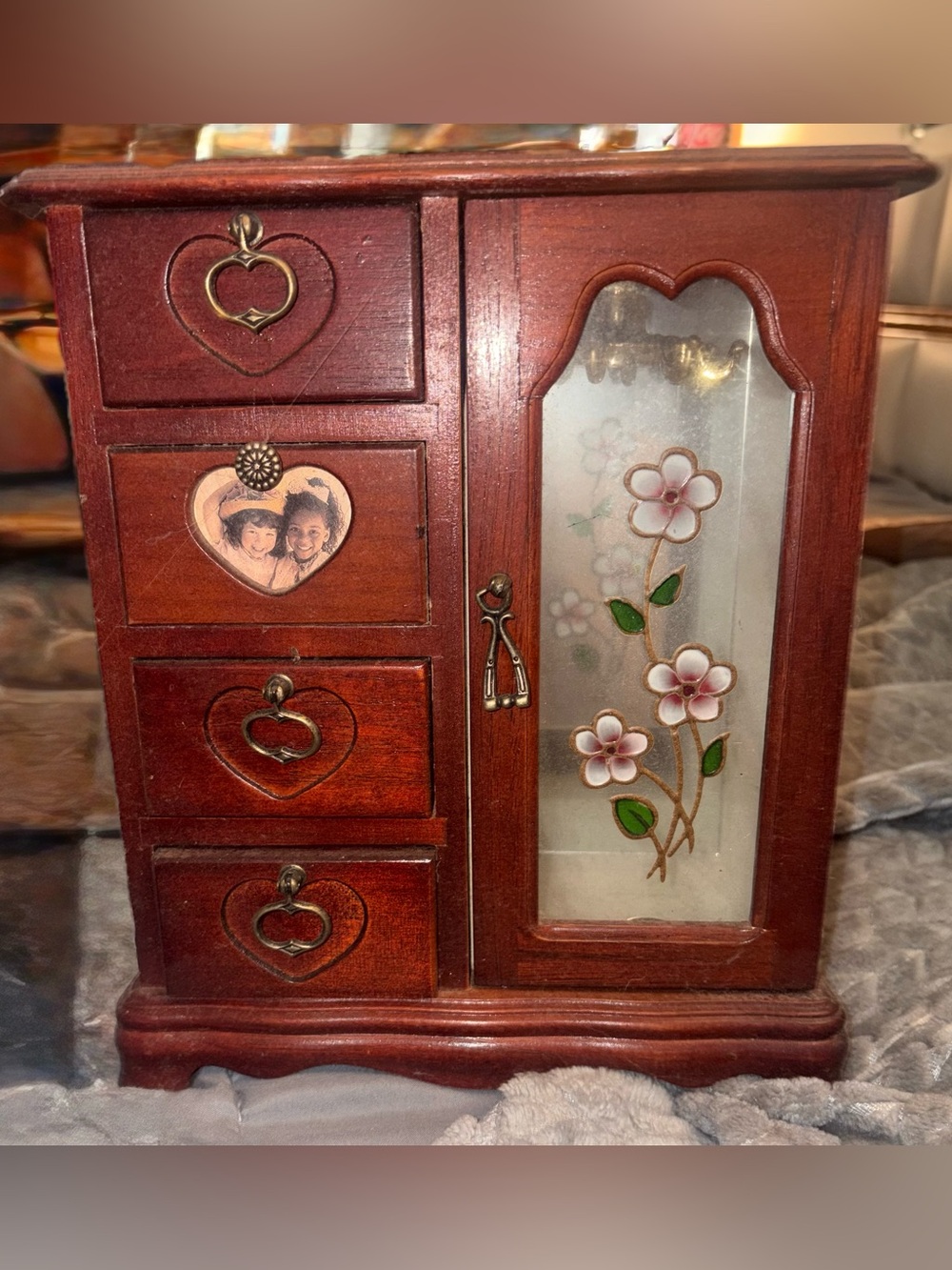 Vintage Mahogany Finish Wood Jewelry Organizer Cabinet with Floral Glass Door